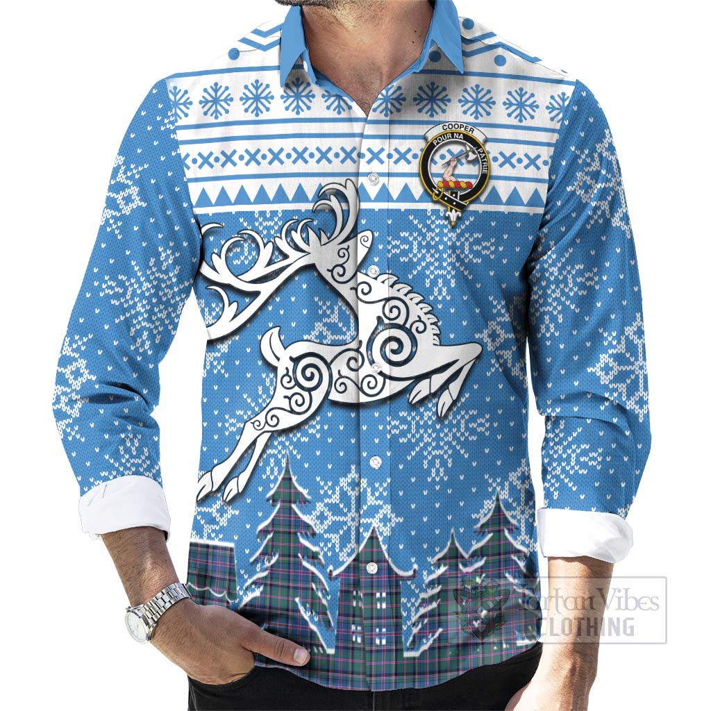 Tartan Vibes Clothing Cooper Clan Christmas Long Sleeve Button Shirt Celtic Reindeer Style