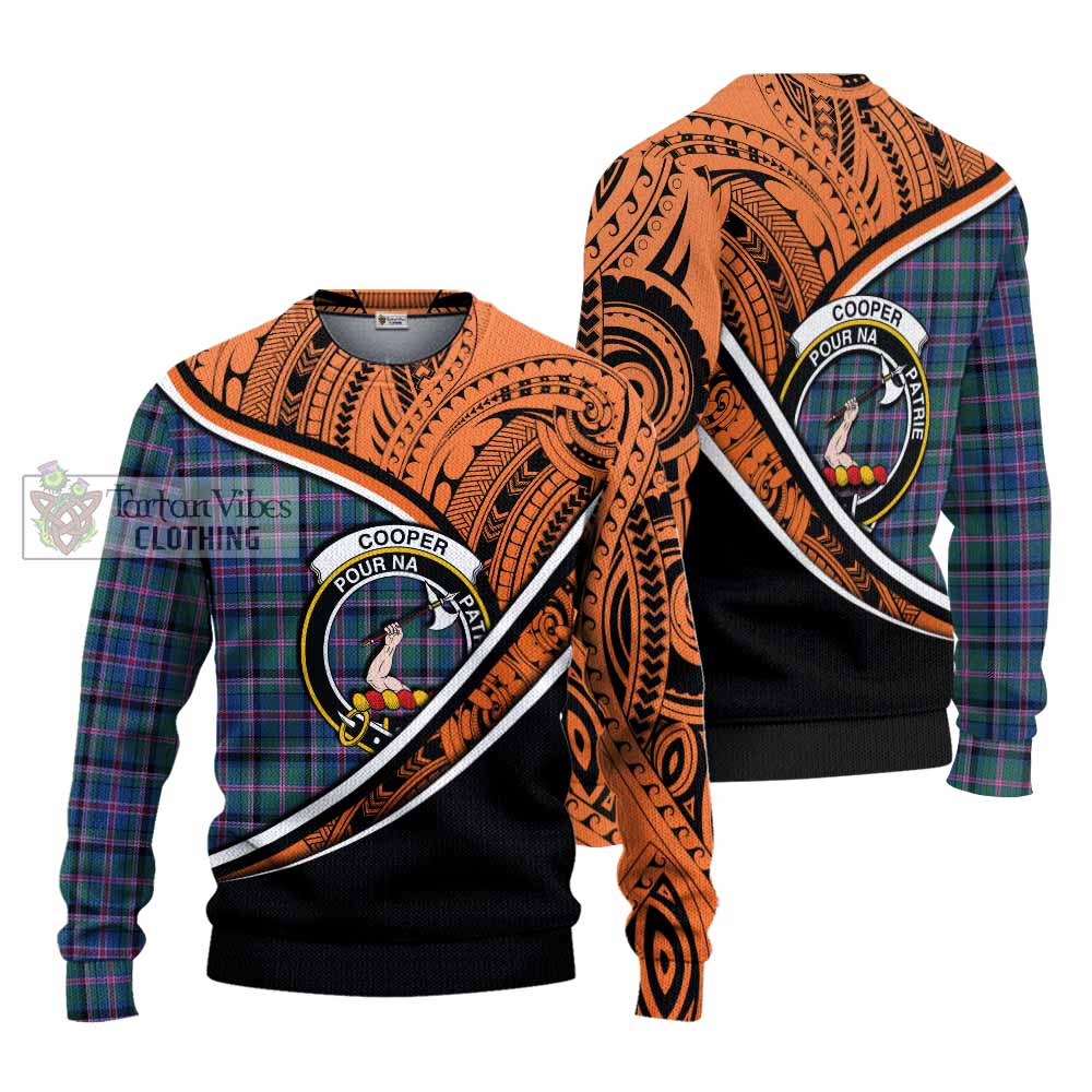 Tartan Vibes Clothing Cooper Crest Tartan Knitted Sweater with Maori Tattoo Style - Orange Version