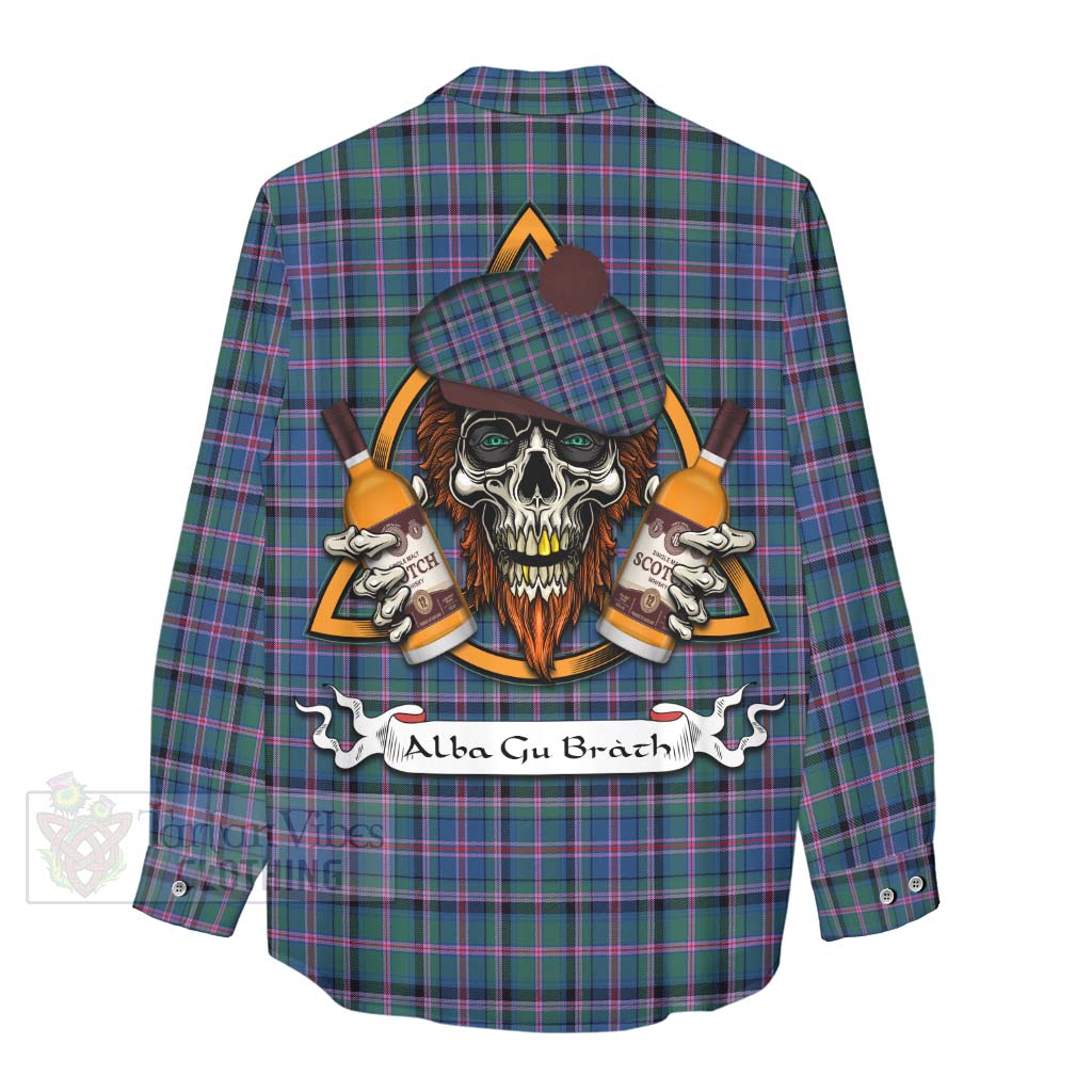 Tartan Vibes Clothing Cooper Tartan Women's Casual Shirt with Family Crest and Bearded Skull Holding Bottles of Whiskey