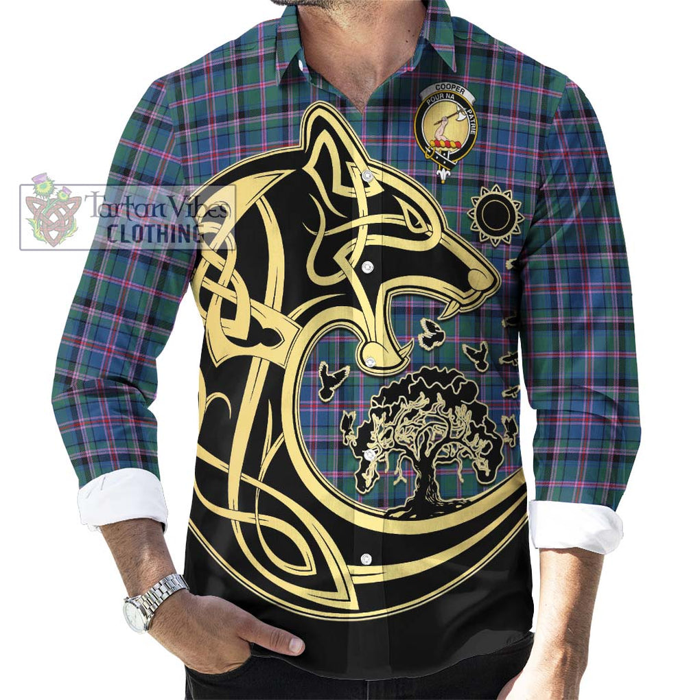 Cooper Tartan Long Sleeve Button Shirt with Family Crest Celtic Wolf Style - Tartan Vibes Clothing