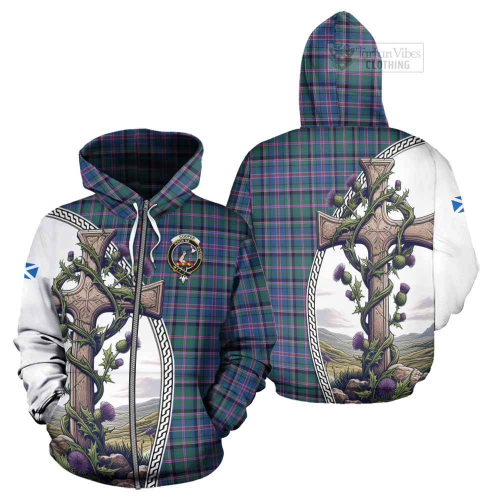 Tartan Vibes Clothing Cooper Tartan Hoodie with Family Crest and St. Andrew's Cross Accented by Thistle Vines