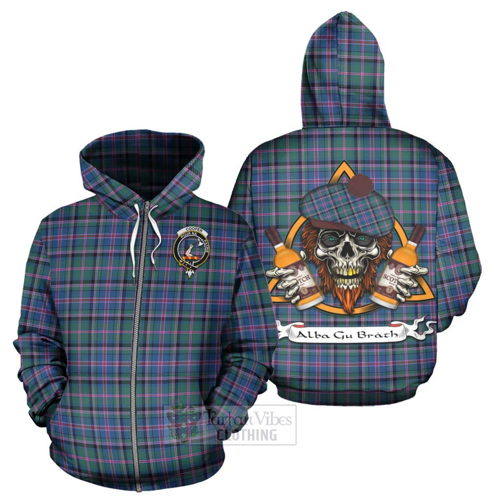 Tartan Vibes Clothing Cooper Tartan Hoodie with Family Crest and Bearded Skull Holding Bottles of Whiskey