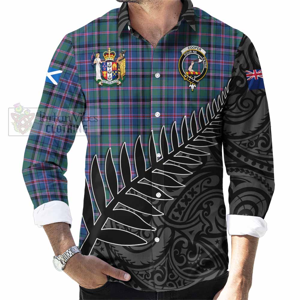 Tartan Vibes Clothing Cooper Crest Tartan Long Sleeve Button Shirt with New Zealand Silver Fern Half Style