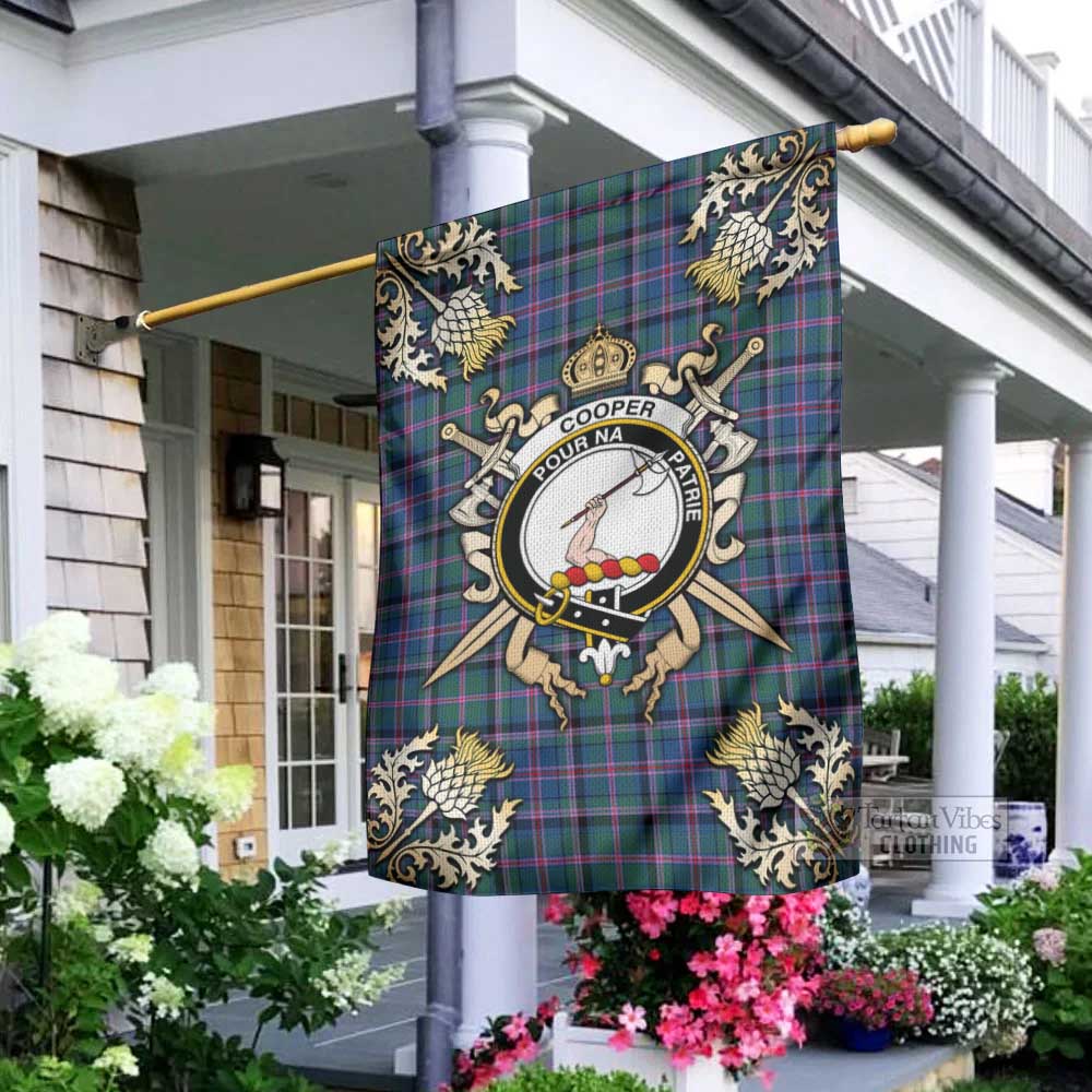 Tartan Vibes Clothing Cooper Tartan Flag with Family Crest and Golden Thistle Crossed Sword Design