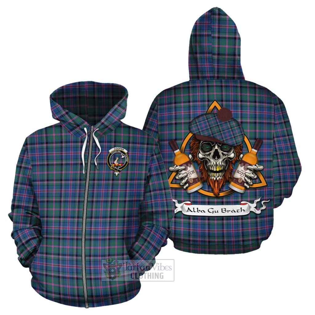 Tartan Vibes Clothing Cooper Tartan Cotton Hoodie with Family Crest and Bearded Skull Holding Bottles of Whiskey