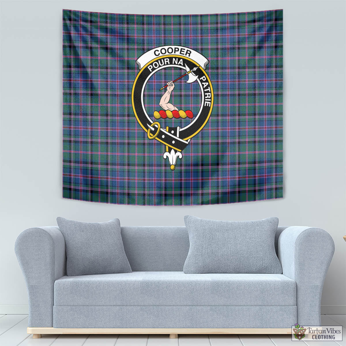 Tartan Vibes Clothing Cooper Tartan Tapestry Wall Hanging and Home Decor for Room with Family Crest