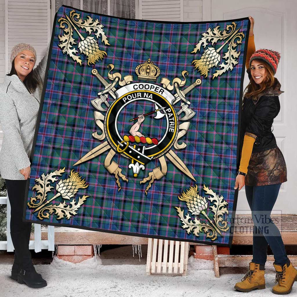 Tartan Vibes Clothing Cooper Tartan Quilt with Family Crest and Scottish Golden Courage Shield