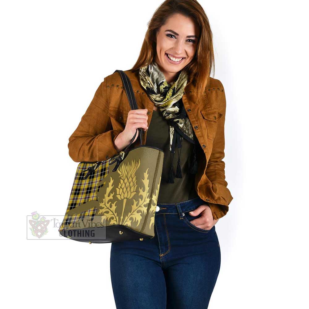 Cornish Tartan Leather Tote Bag Gold Thistle Style - Tartan Vibes Clothing