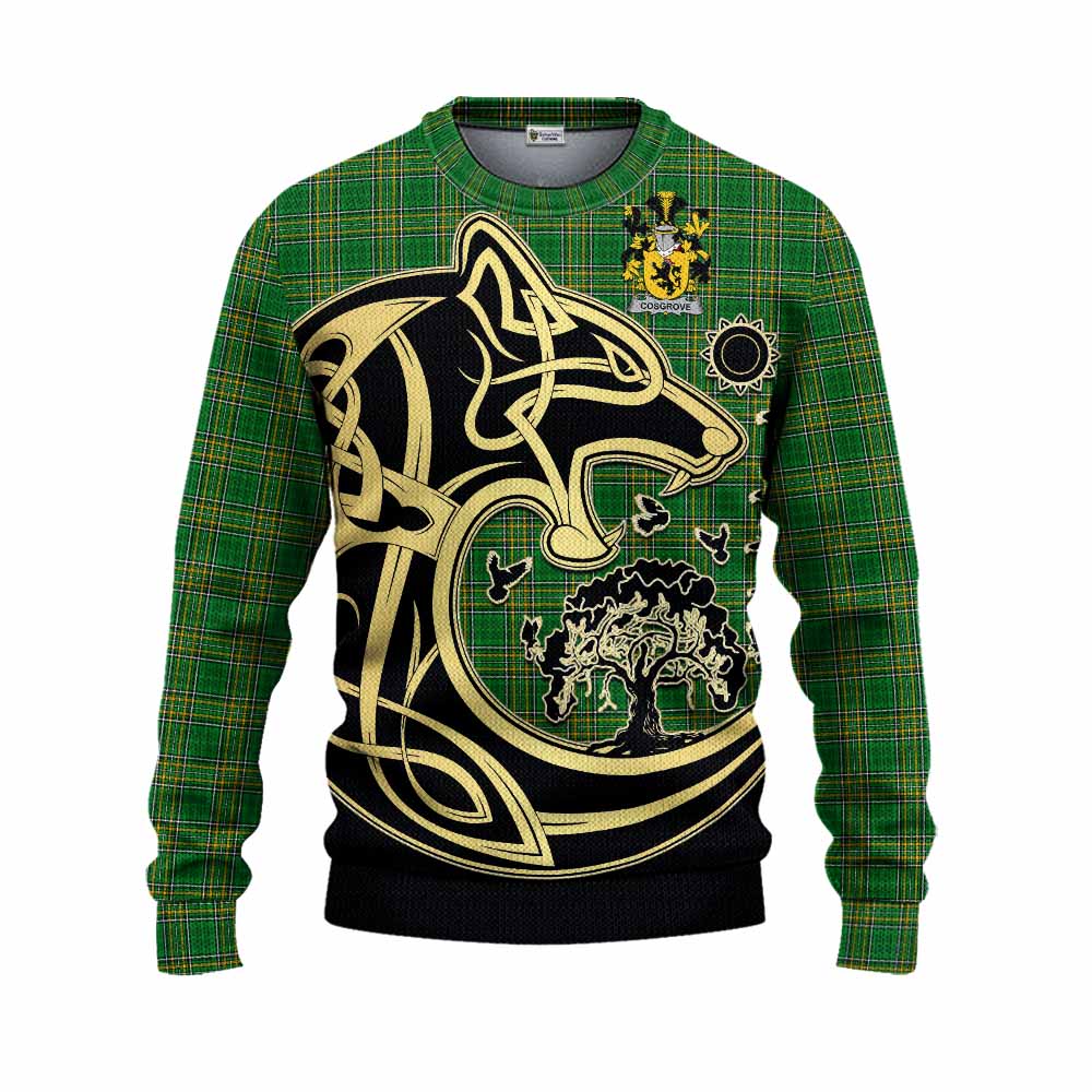 Tartan Vibes Clothing Cosgrove Irish Tartan Knitted Sweater with Coat of Arms Celtic Wolf Style