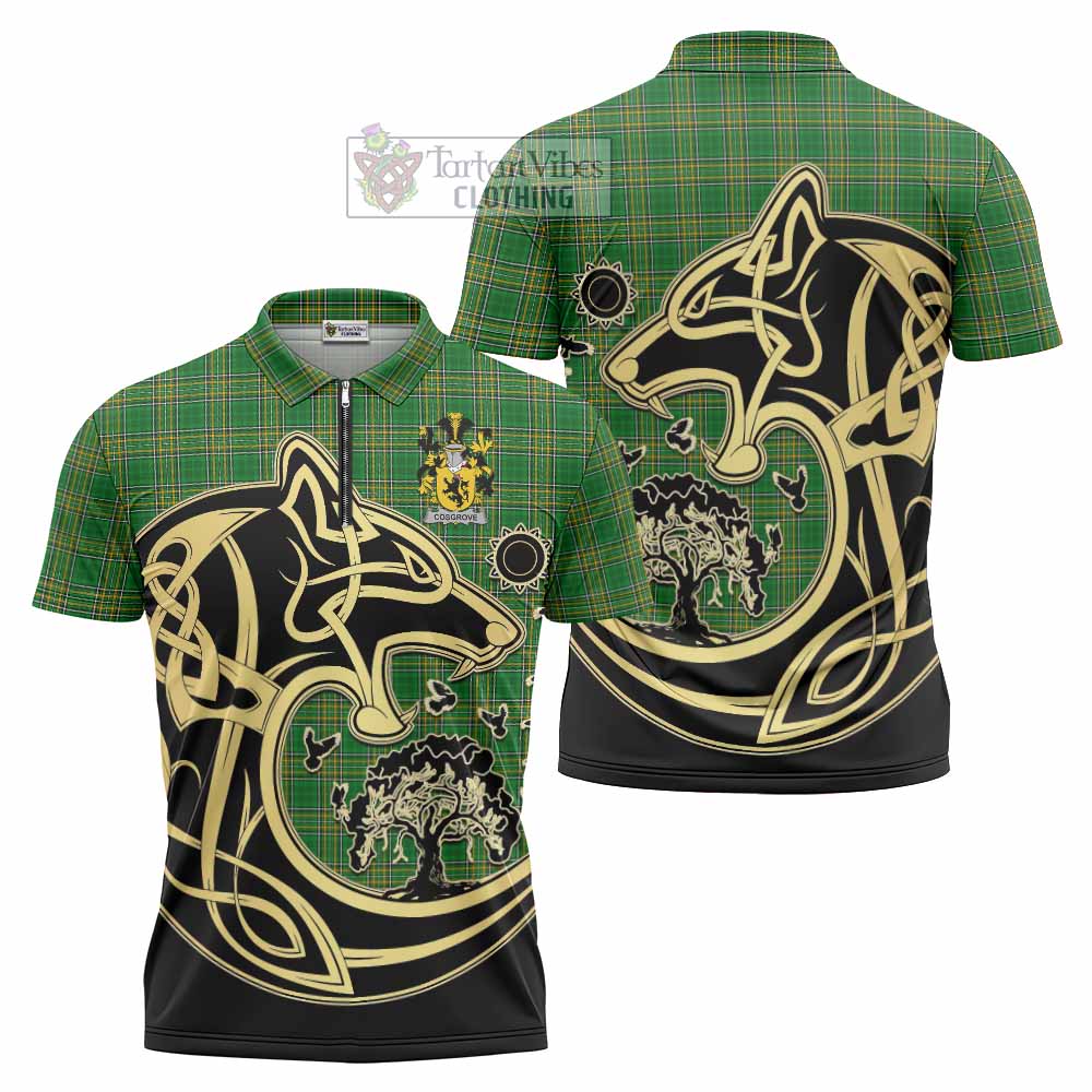 Tartan Vibes Clothing Cosgrove Irish Tartan Zipper Polo Shirt with Coat of Arms Celtic Wolf Style