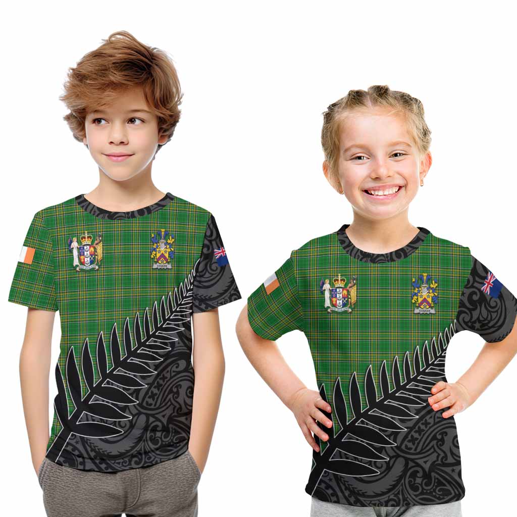 Tartan Vibes Clothing Cosker Irish Clan Tartan Kid T-Shirt with Coat of Arms New Zealand Silver Fern Half Style