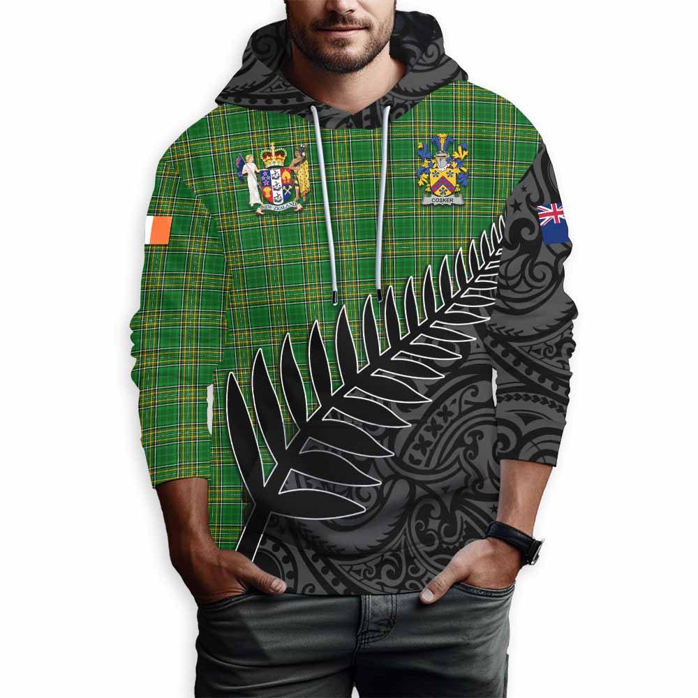 Tartan Vibes Clothing Cosker Irish Clan Tartan Hoodie with Coat of Arms New Zealand Silver Fern Half Style