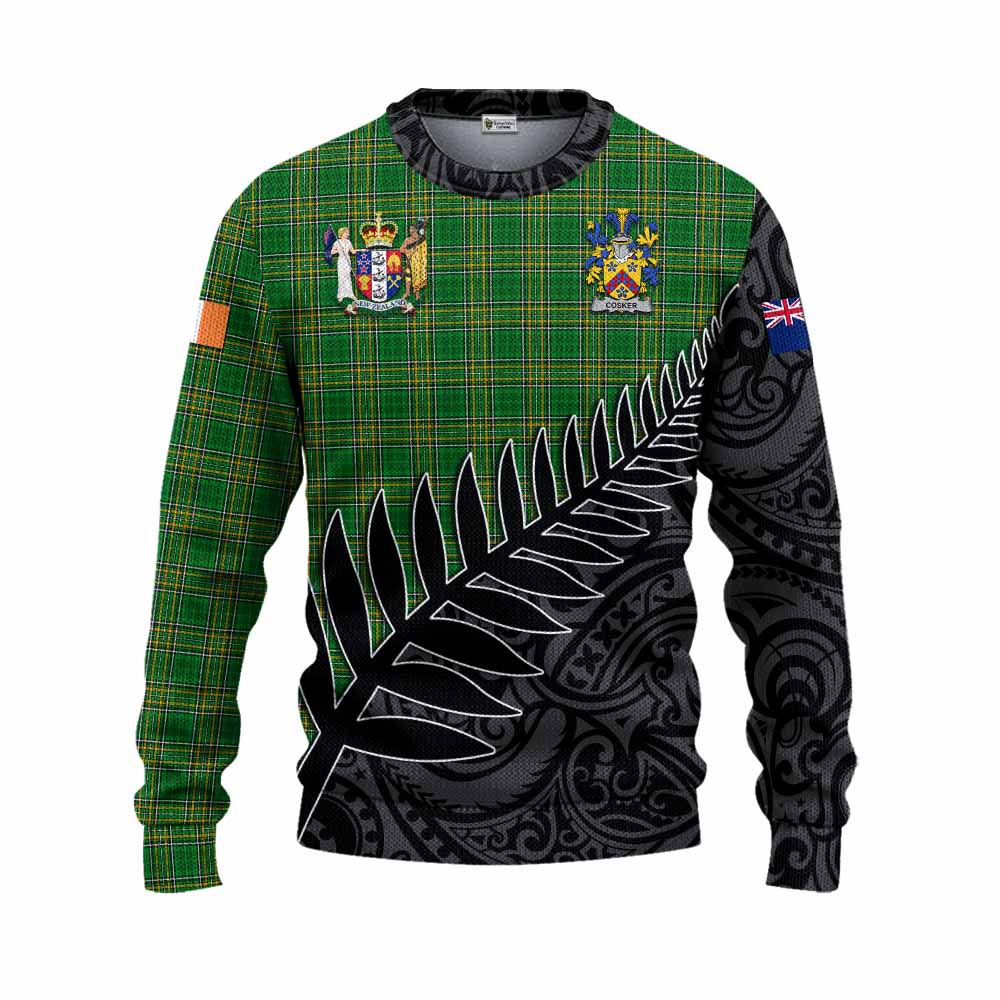 Tartan Vibes Clothing Cosker Irish Clan Tartan Knitted Sweater with Coat of Arms New Zealand Silver Fern Half Style