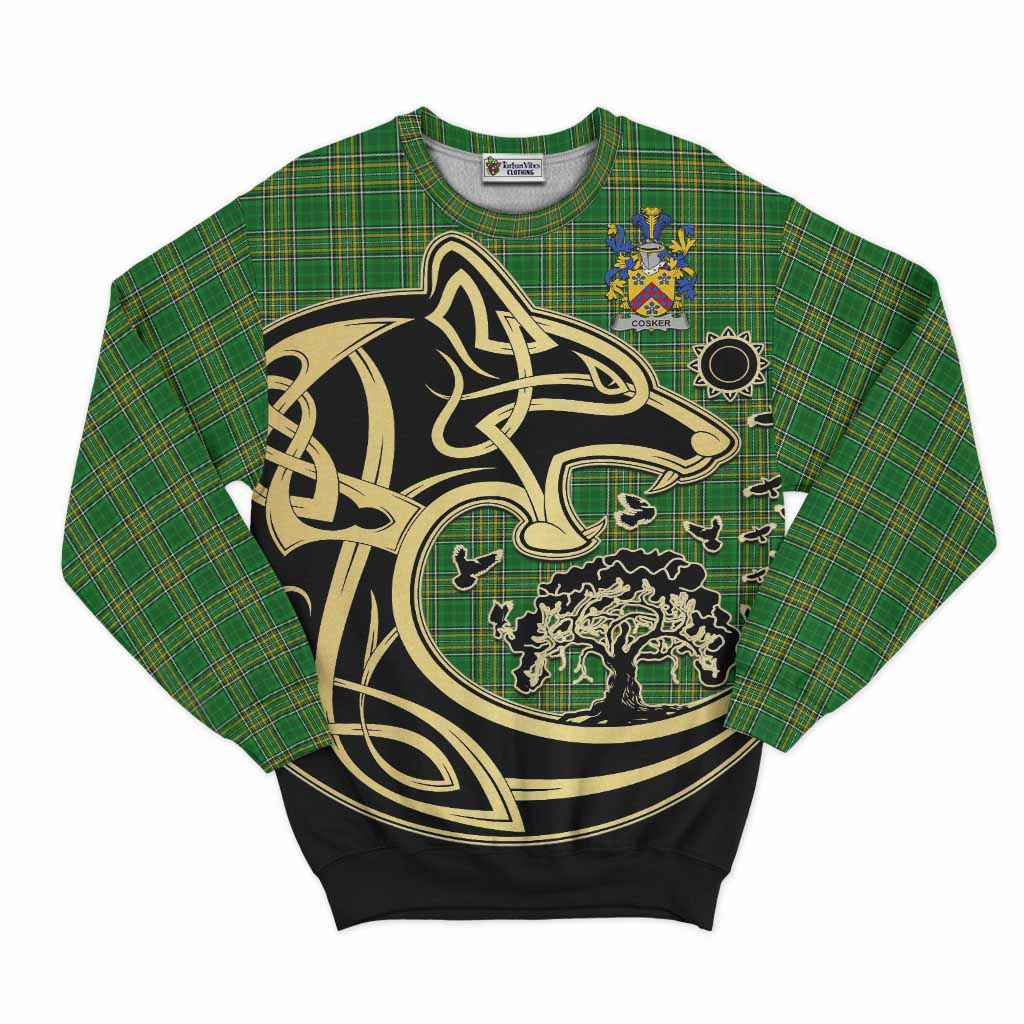 Tartan Vibes Clothing Cosker Irish Tartan Sweatshirt with Coat of Arms Celtic Wolf Style