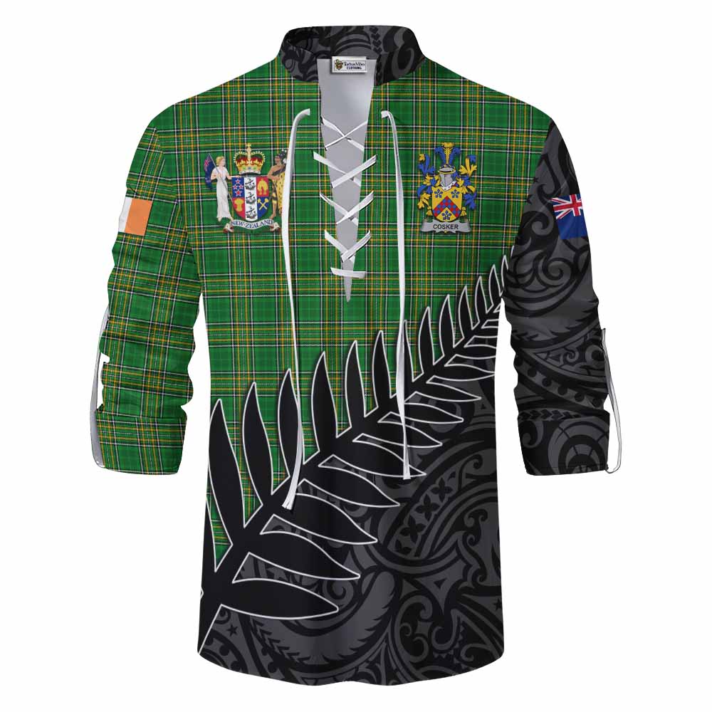 Tartan Vibes Clothing Cosker Irish Clan Tartan Ghillie Kilt Shirt with Coat of Arms New Zealand Silver Fern Half Style