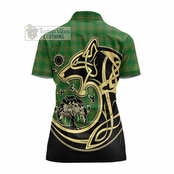 Cosker Irish Tartan Women's Polo Shirt with Coat of Arms Celtic Wolf Style