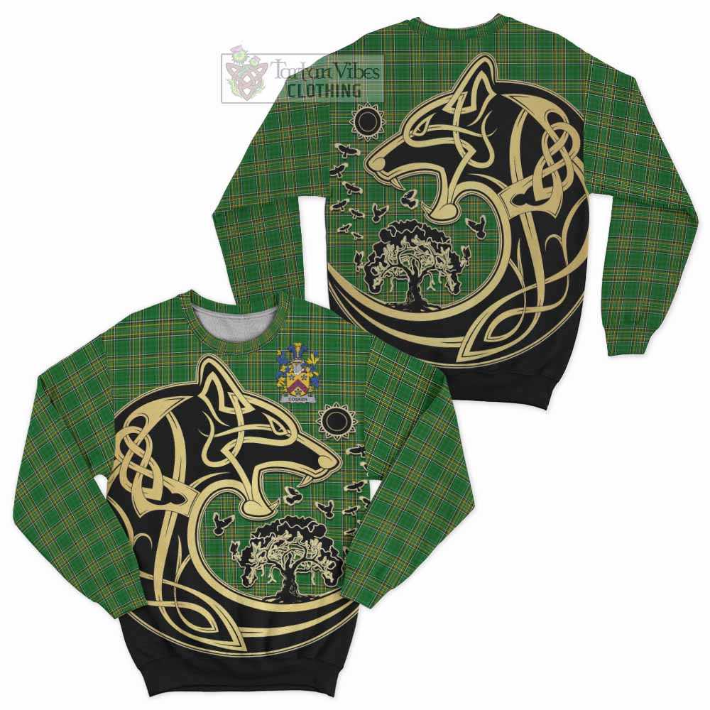 Tartan Vibes Clothing Cosker Irish Tartan Sweatshirt with Coat of Arms Celtic Wolf Style