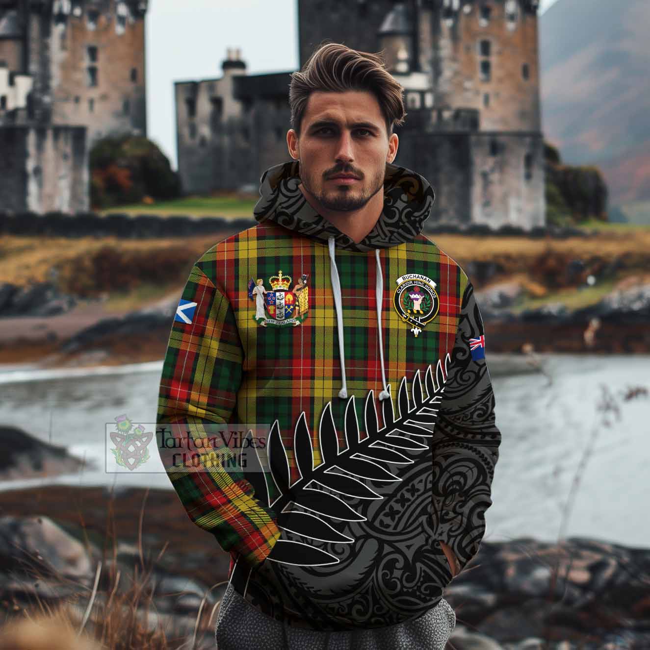 (Customer's Request) Buchanan Crest Tartan Cotton Hoodie with New Zealand Silver Fern Half Style Version I - Tartan Vibes Clothing