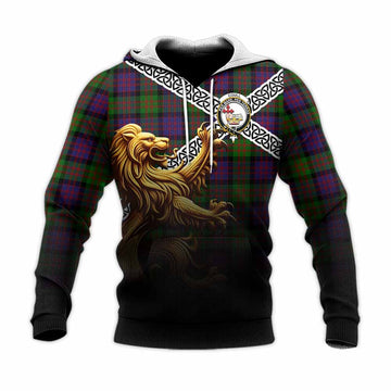 Coull Crest Tartan Knitted Hoodie with Golden Lion Emblem Celtic Style Unisex Knitted Pullover Hoodie - Tartan Vibes Clothing