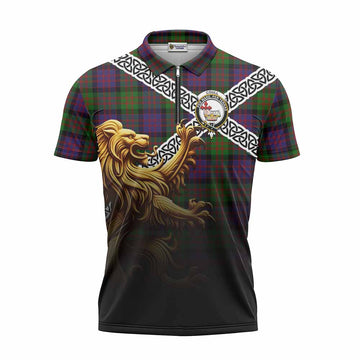 Coull Crest Tartan Zipper Polo Shirt with Golden Lion Emblem Celtic Style Unisex - Tartan Vibes Clothing