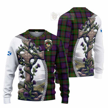 Coull Tartan Knitted Sweater with Family Crest and St. Andrew's Cross Accented by Thistle Vines Unisex - Tartan Vibes Clothing