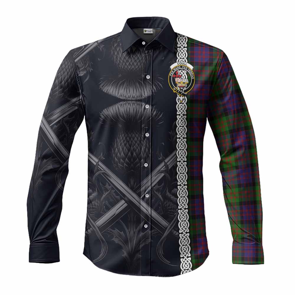 Coull Tartan Long Sleeve Button Shirt with Family Crest Cross Sword Thistle Celtic Vibes Men's Shirt S - Tartan Vibes Clothing