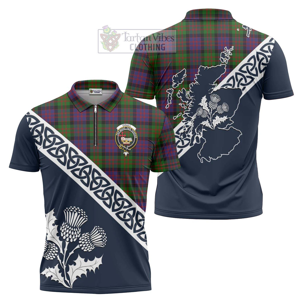 Coull Tartan Zipper Polo Shirt Featuring Thistle and Scotland Map Unisex - Tartanvibesclothing Store
