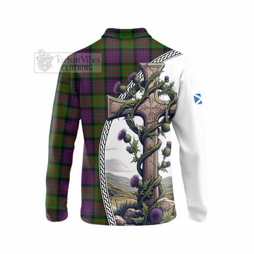 Coull Tartan Long Sleeve Polo Shirt with Family Crest and St. Andrew's Cross Accented by Thistle Vines - Tartan Vibes Clothing