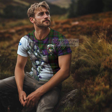 Coull Tartan T-Shirt with Family Crest and St. Andrew's Cross Accented by Thistle Vines - Tartan Vibes Clothing