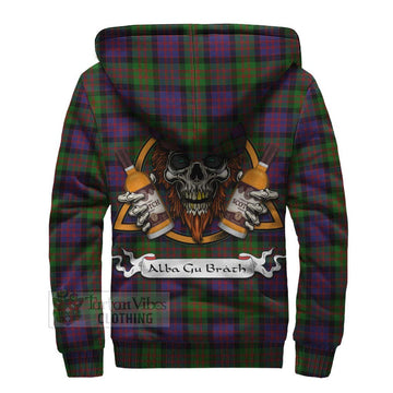 Coull Tartan Sherpa Hoodie with Family Crest and Bearded Skull Holding Bottles of Whiskey - Tartan Vibes Clothing