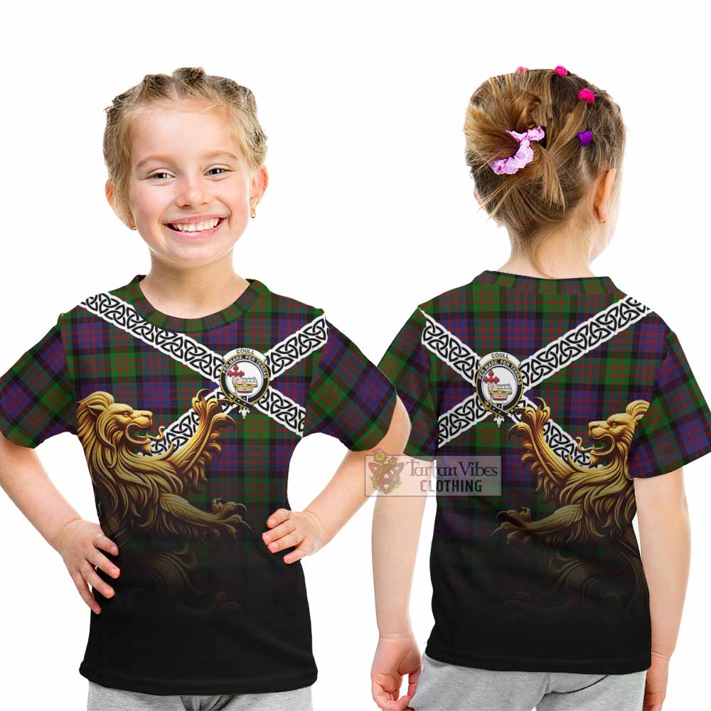 Coull Crest Tartan Kid T-Shirt with Golden Lion Emblem Celtic Style - Tartan Vibes Clothing