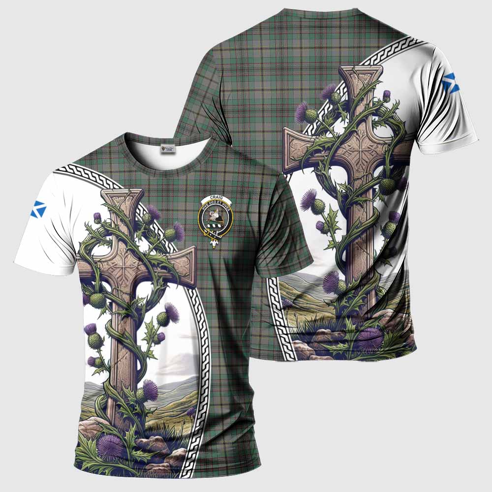 Tartan Vibes Clothing Craig Agnew Tartan T-Shirt with Family Crest and St. Andrew's Cross Accented by Thistle Vines