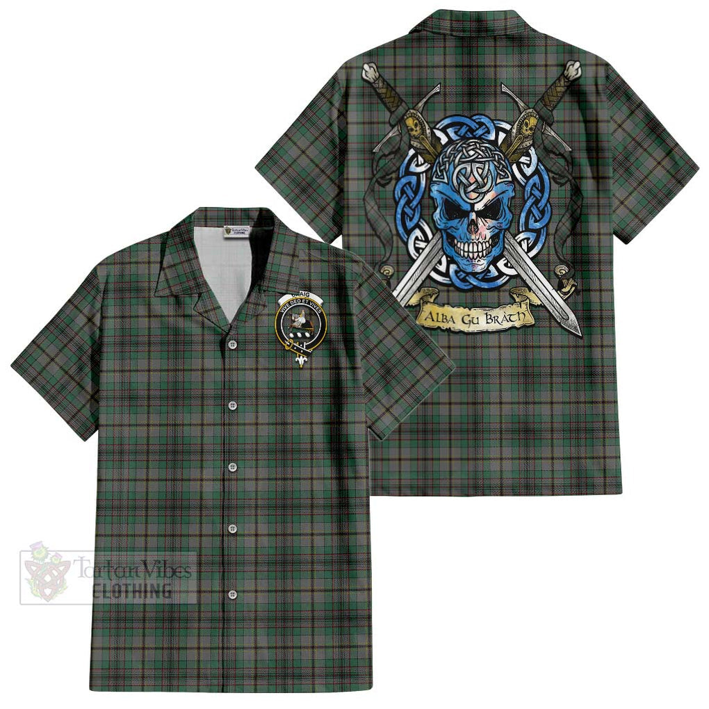 Tartan Vibes Clothing Craig Tartan Short Sleeve Button Shirt with Family Crest Celtic Skull Style