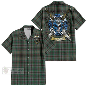 Craig Tartan Short Sleeve Button Shirt with Family Crest Celtic Skull Style