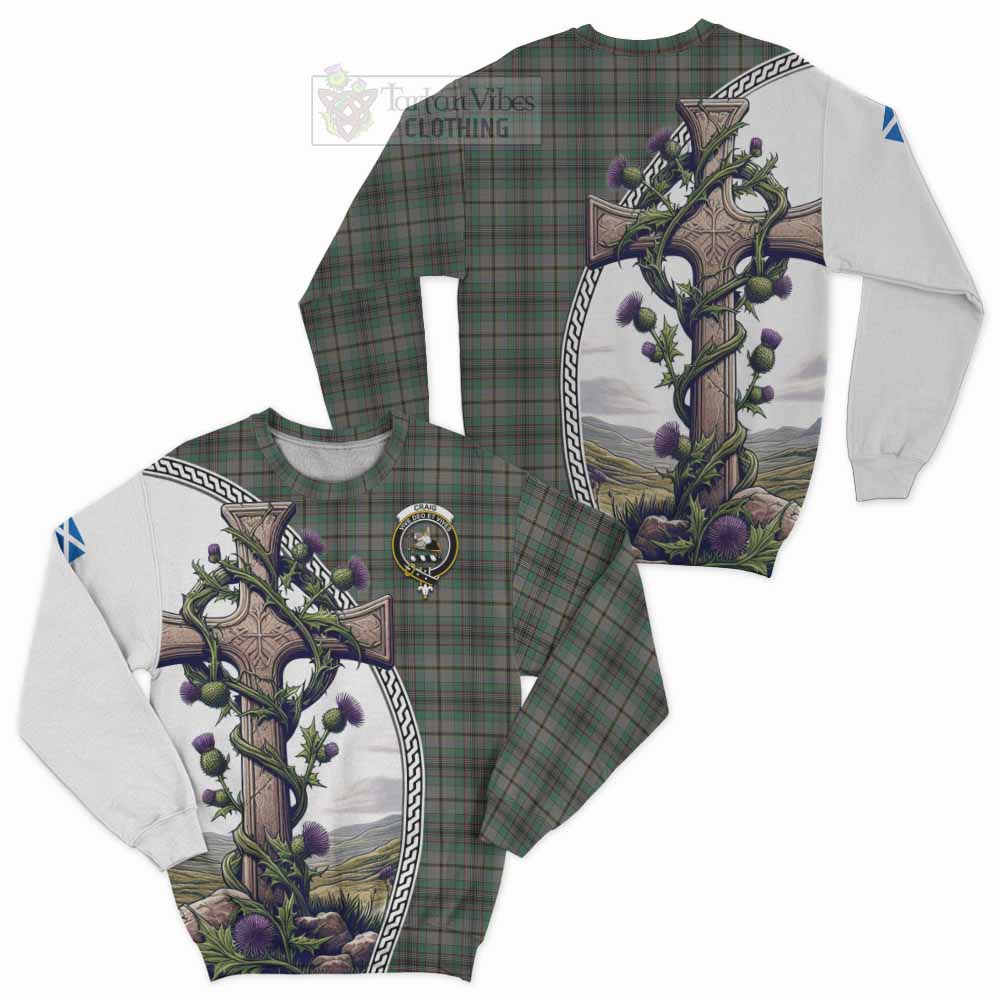 Tartan Vibes Clothing Craig Tartan Sweatshirt with Family Crest and St. Andrew's Cross Accented by Thistle Vines