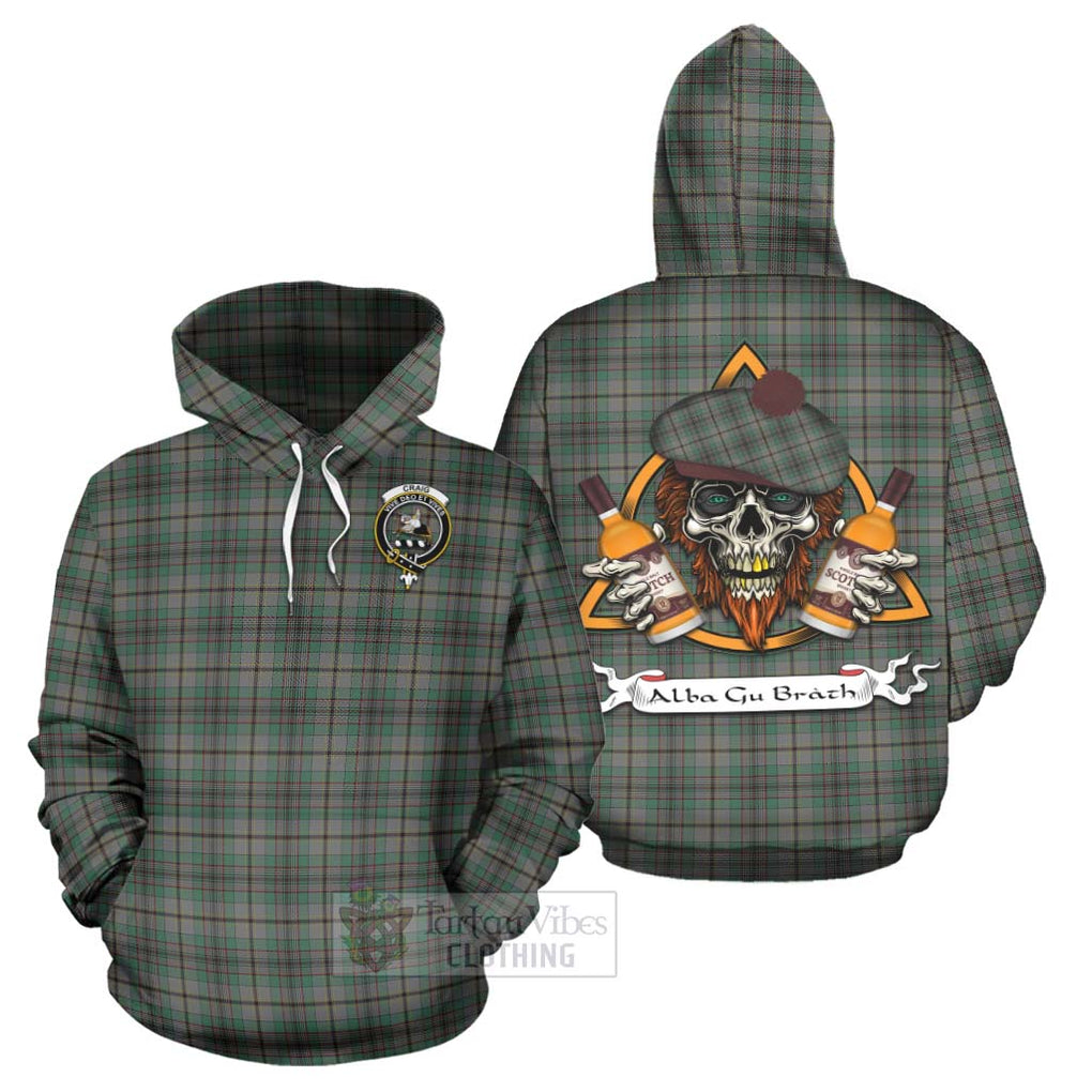 Tartan Vibes Clothing Craig Tartan Hoodie with Family Crest and Bearded Skull Holding Bottles of Whiskey