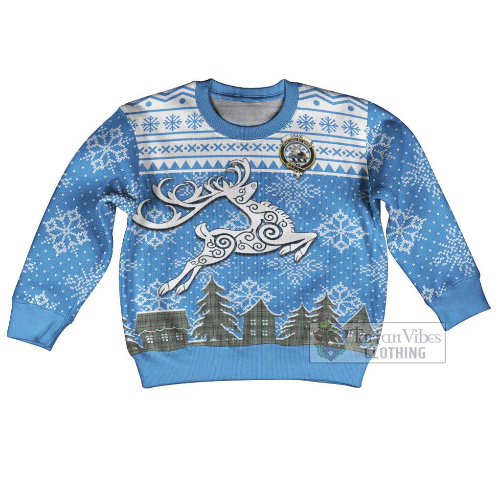 Tartan Vibes Clothing Craig Clan Christmas Kid Ugly Sweater with Tartan and Celtic Raindeer Style