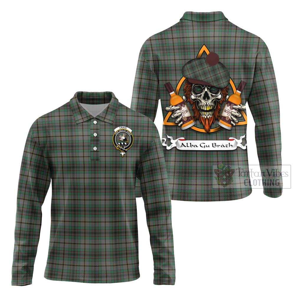 Tartan Vibes Clothing Craig Tartan Long Sleeve Polo Shirt with Family Crest and Bearded Skull Holding Bottles of Whiskey