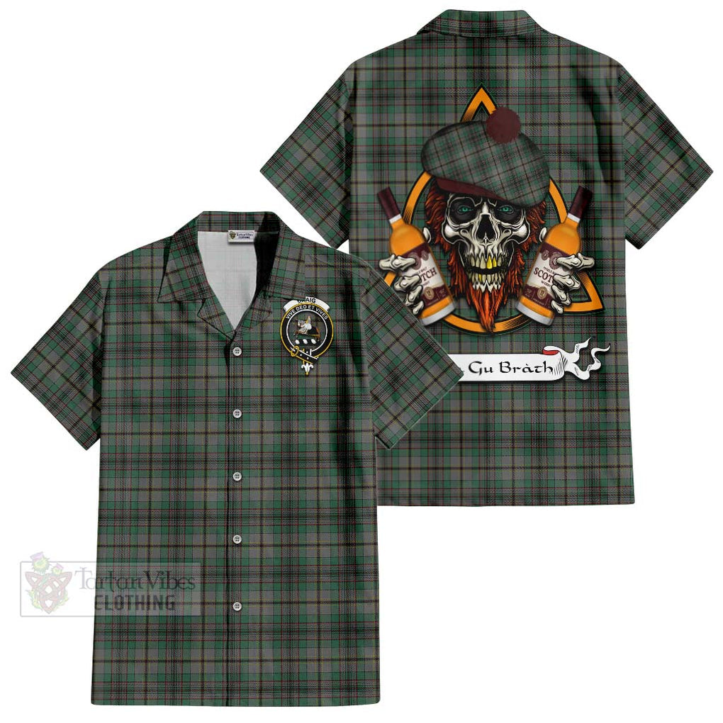 Tartan Vibes Clothing Craig Tartan Short Sleeve Button Shirt with Family Crest and Bearded Skull Holding Bottles of Whiskey