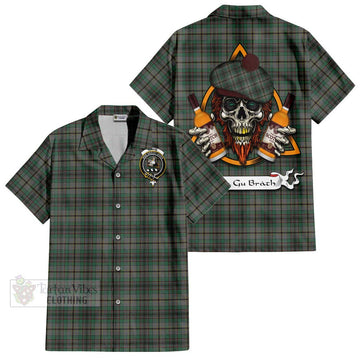 Craig Tartan Short Sleeve Button Shirt with Family Crest and Bearded Skull Holding Bottles of Whiskey