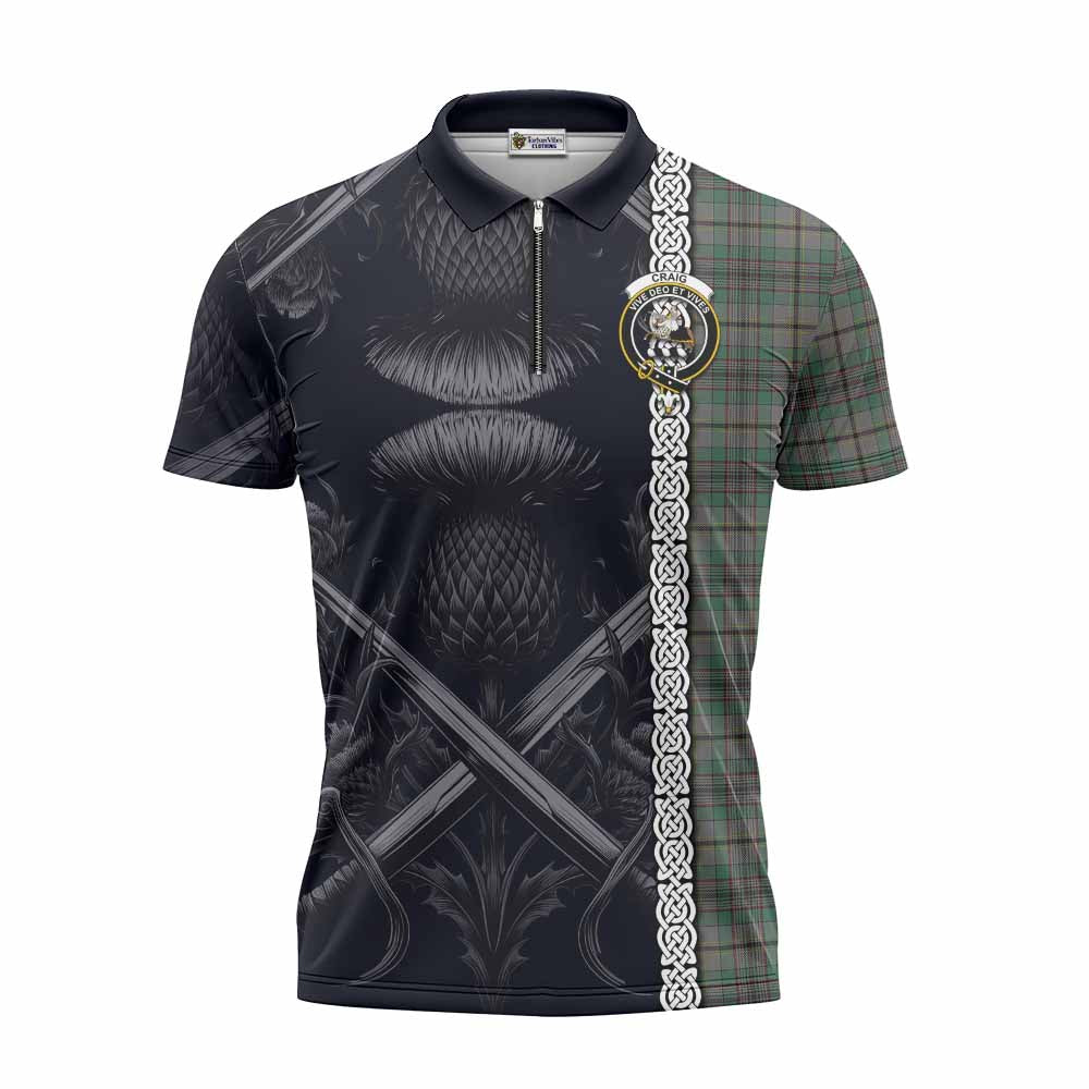 Tartan Vibes Clothing Craig Tartan Zipper Polo Shirt with Family Crest Cross Sword Thistle Celtic Vibes