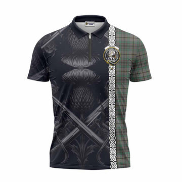 Craig Tartan Zipper Polo Shirt with Family Crest Cross Sword Thistle Celtic Vibes