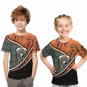 Craig Crest Tartan Kid T-Shirt with Polynesian Vibes Style - Orange Version