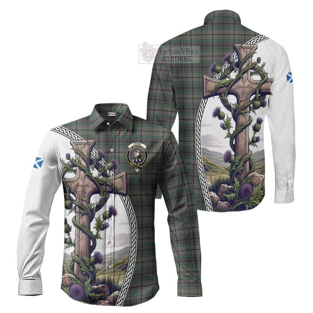 Tartan Vibes Clothing Craig Tartan Long Sleeve Button Shirt with Family Crest and St. Andrew's Cross Accented by Thistle Vines