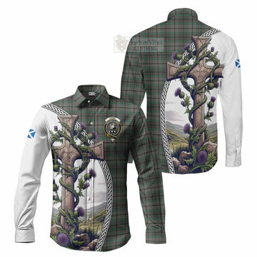 Craig Tartan Long Sleeve Button Shirt with Family Crest and St. Andrew's Cross Accented by Thistle Vines