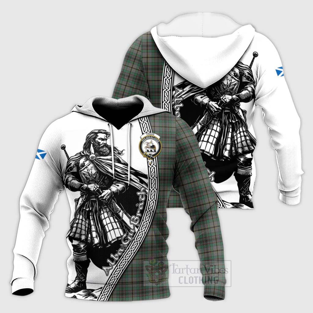 Tartan Vibes Clothing Craig Tartan Clan Crest Knitted Hoodie with Highlander Warrior Celtic Style