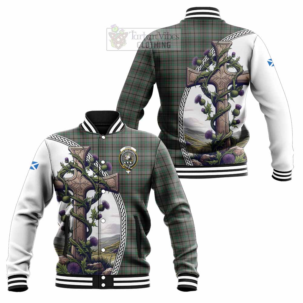 Tartan Vibes Clothing Craig Tartan Baseball Jacket with Family Crest and St. Andrew's Cross Accented by Thistle Vines