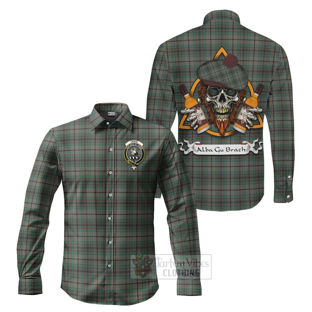 Tartan Vibes Clothing Craig Tartan Long Sleeve Button Shirt with Family Crest and Bearded Skull Holding Bottles of Whiskey