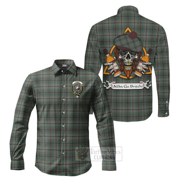 Craig Tartan Long Sleeve Button Shirt with Family Crest and Bearded Skull Holding Bottles of Whiskey