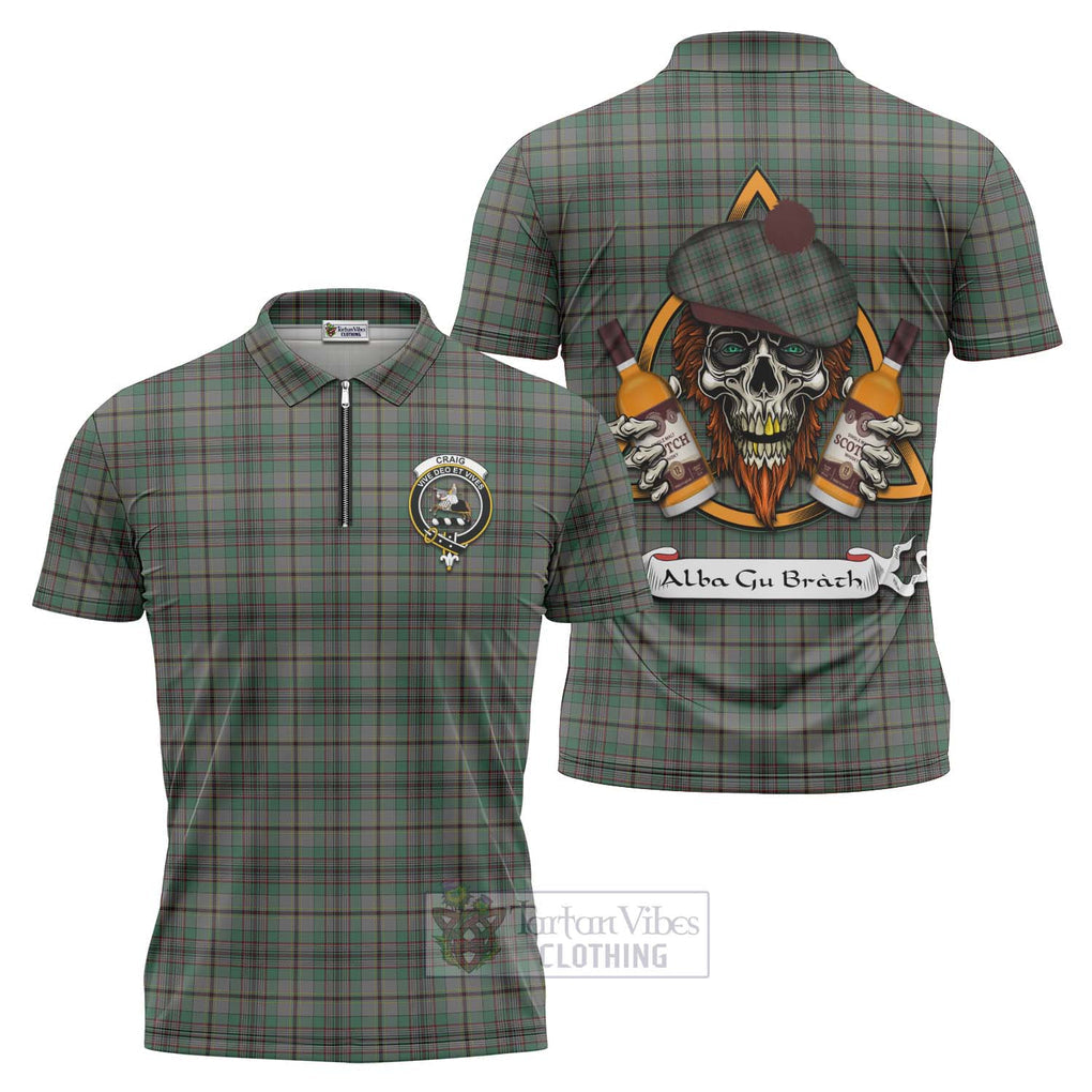 Tartan Vibes Clothing Craig Tartan Zipper Polo Shirt with Family Crest and Bearded Skull Holding Bottles of Whiskey